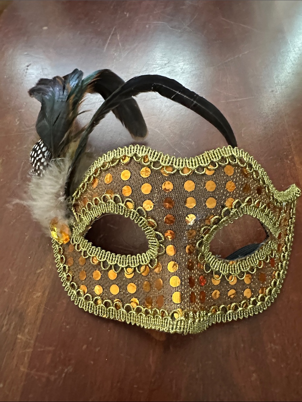 Gold Sequin Feather Masquerade Eye Mask by